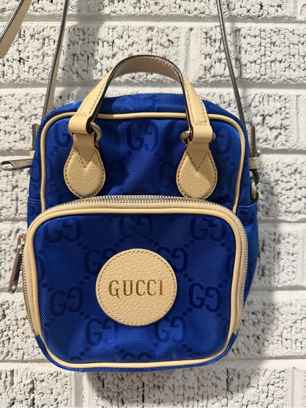 Gucci Blue Nylon Small Shoulder Bag Blue with Beige Leather Trim